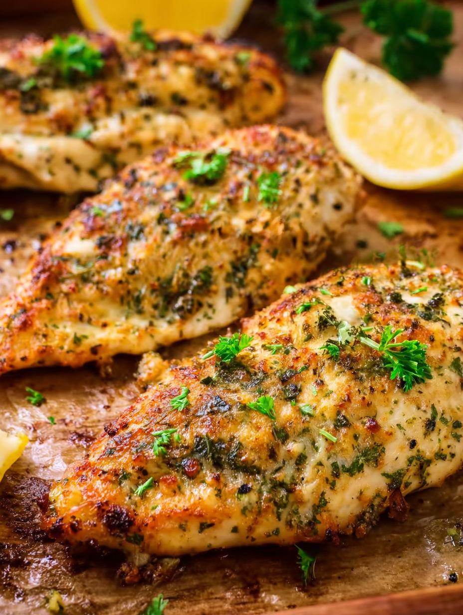Baked garlic parmesan chicken with lemon wedges.
