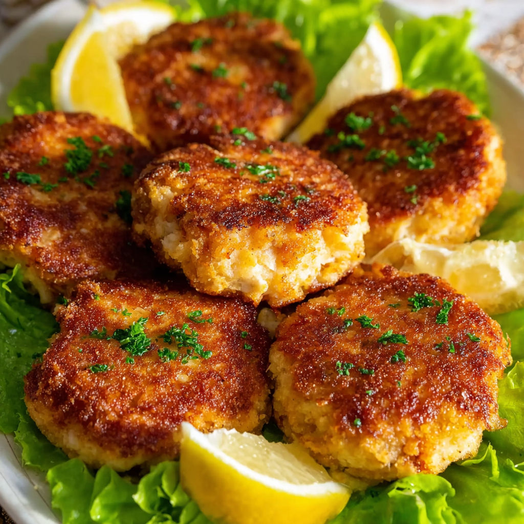 A plate of Southern Crab Cakes with lemon wedges on top.