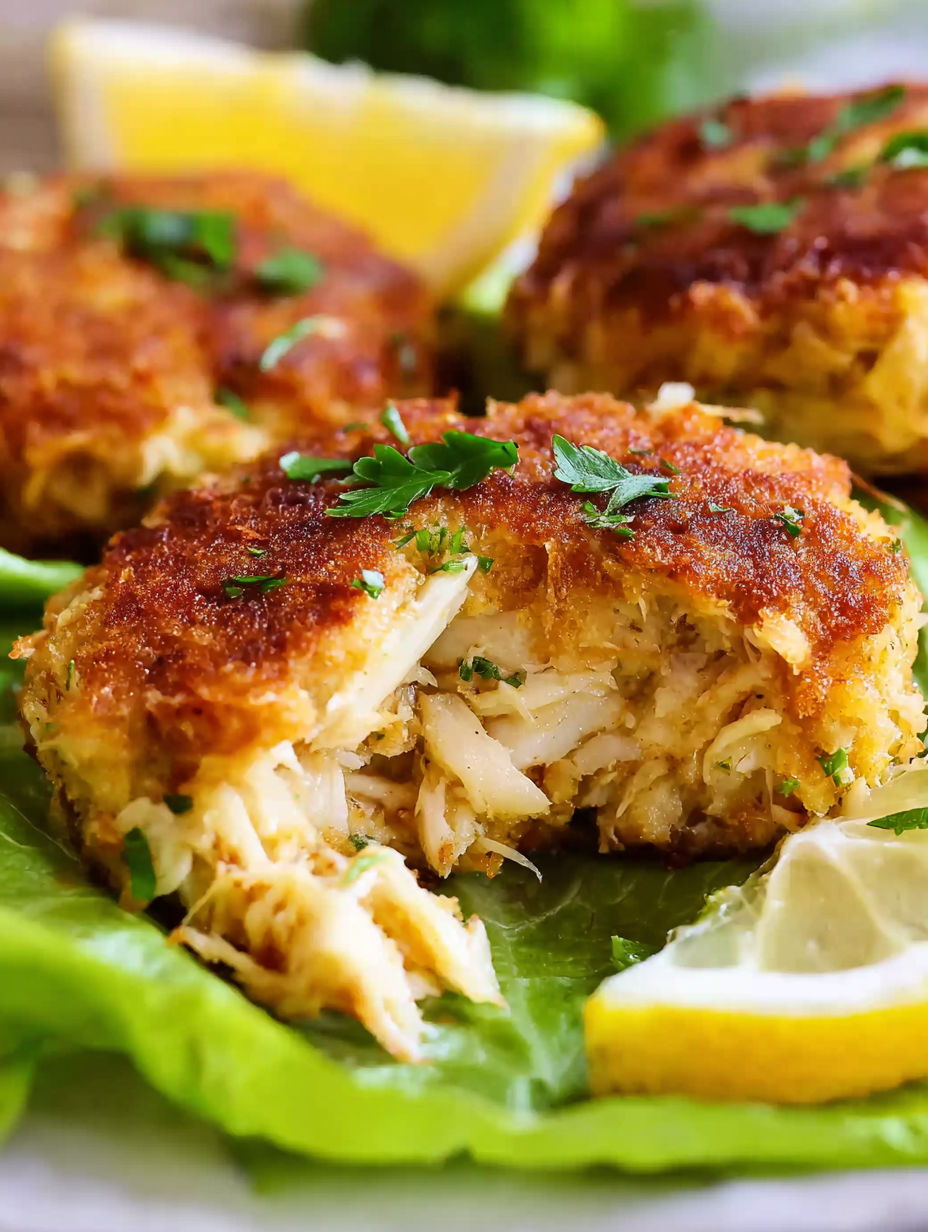 A plate of Southern Crab Cakes with lemon wedges on the side.
