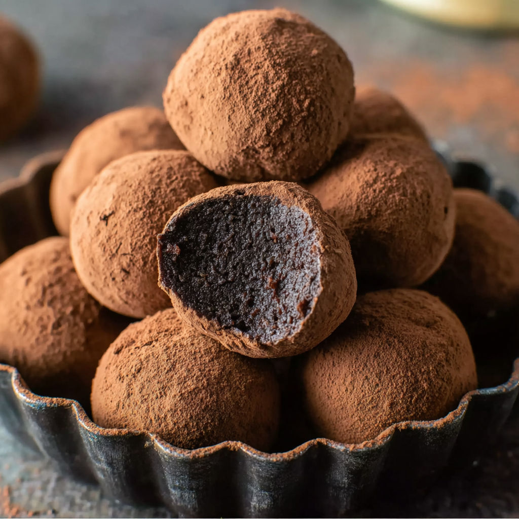 A bowl of chocolate balls with a burnt spot.