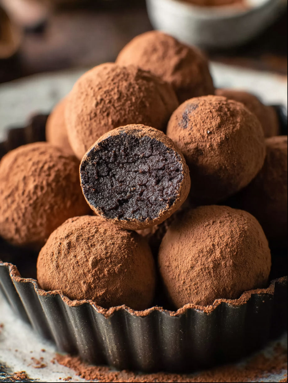 A plate of chocolate balls with a bite taken out of one.