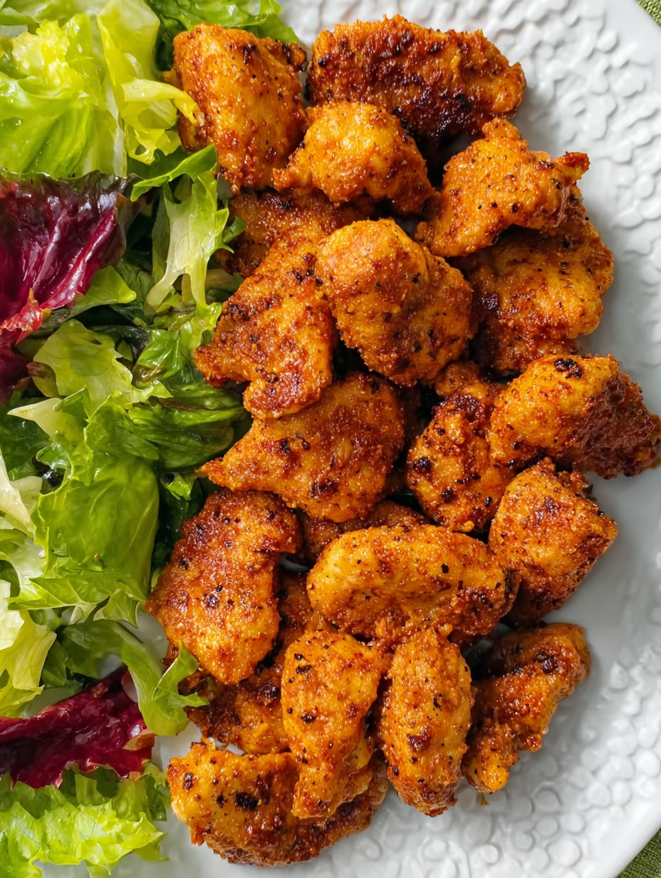 A plate of brown sugar mustard rubbed chicken bites.