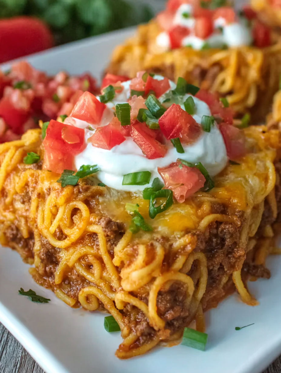 A plate of food with a cheesy taco spaghetti casserole.