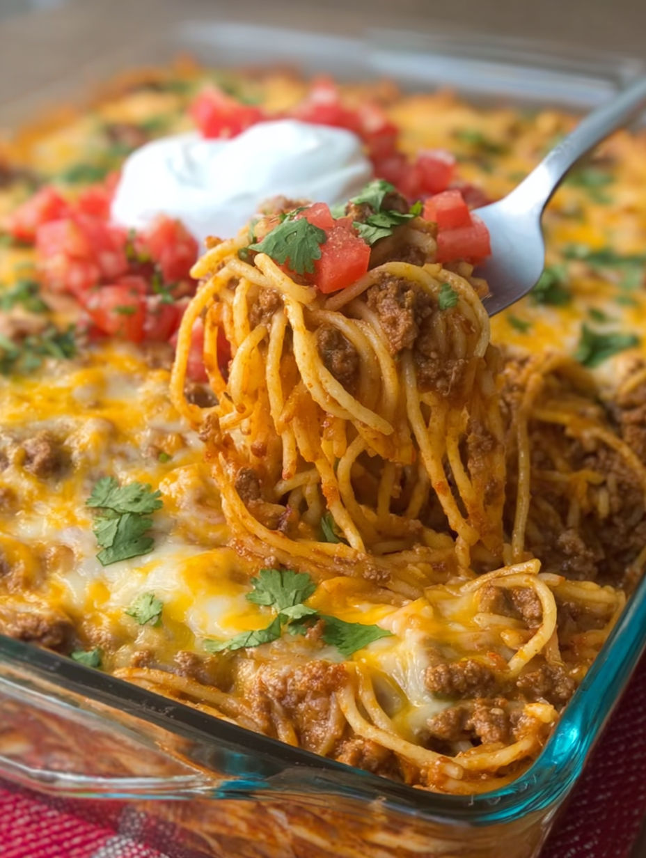 A fork is stuck in a cheesy taco spaghetti casserole.