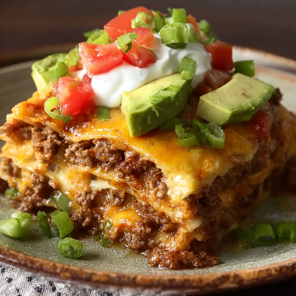 A plate of food with a cheesy taco lasagna dinner.