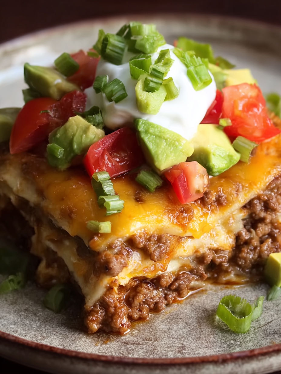 A cheesy taco lasagna dinner with tomatoes, avocado, and sour cream.