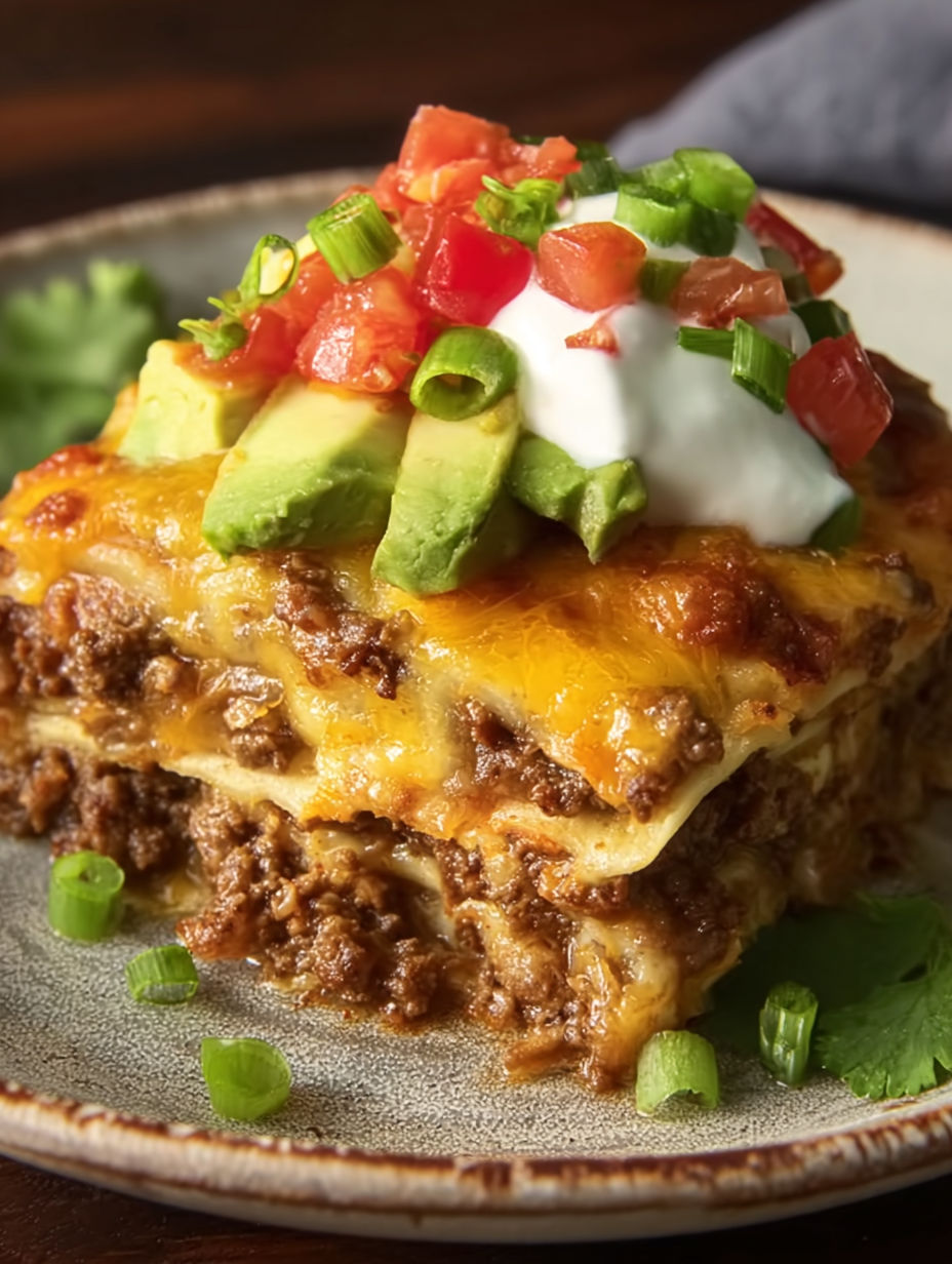 A cheesy taco lasagna dinner.