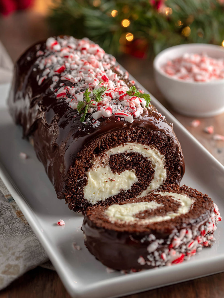 A chocolate swiss roll cake with white icing and red and green sprinkles.