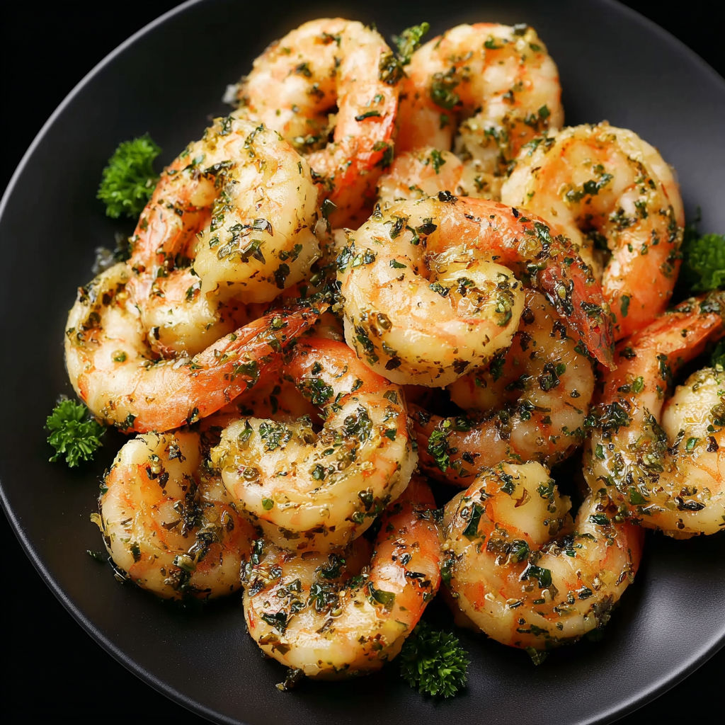 A plate of shrimp with garlic herb seasoning.