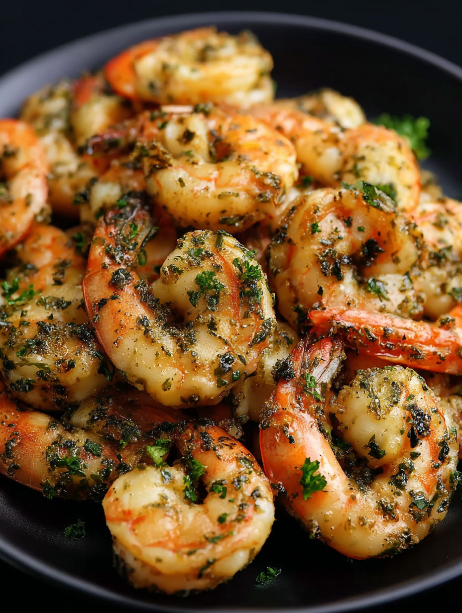 A plate of garlic herb shrimp.
