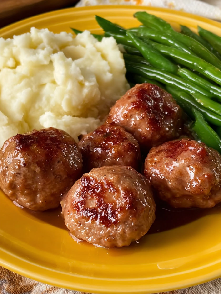 A plate of meatballs and green beans.