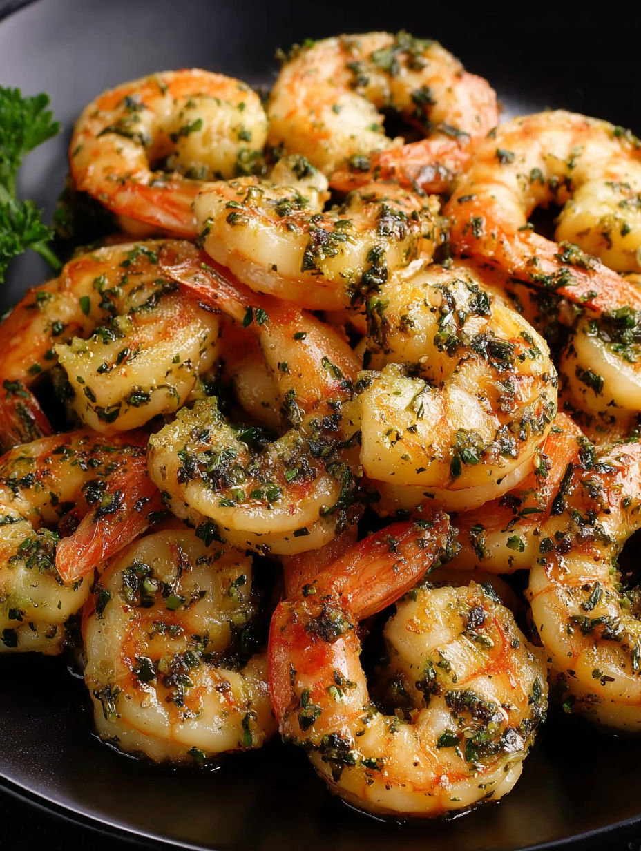 A plate of shrimp with garlic herb seasoning.