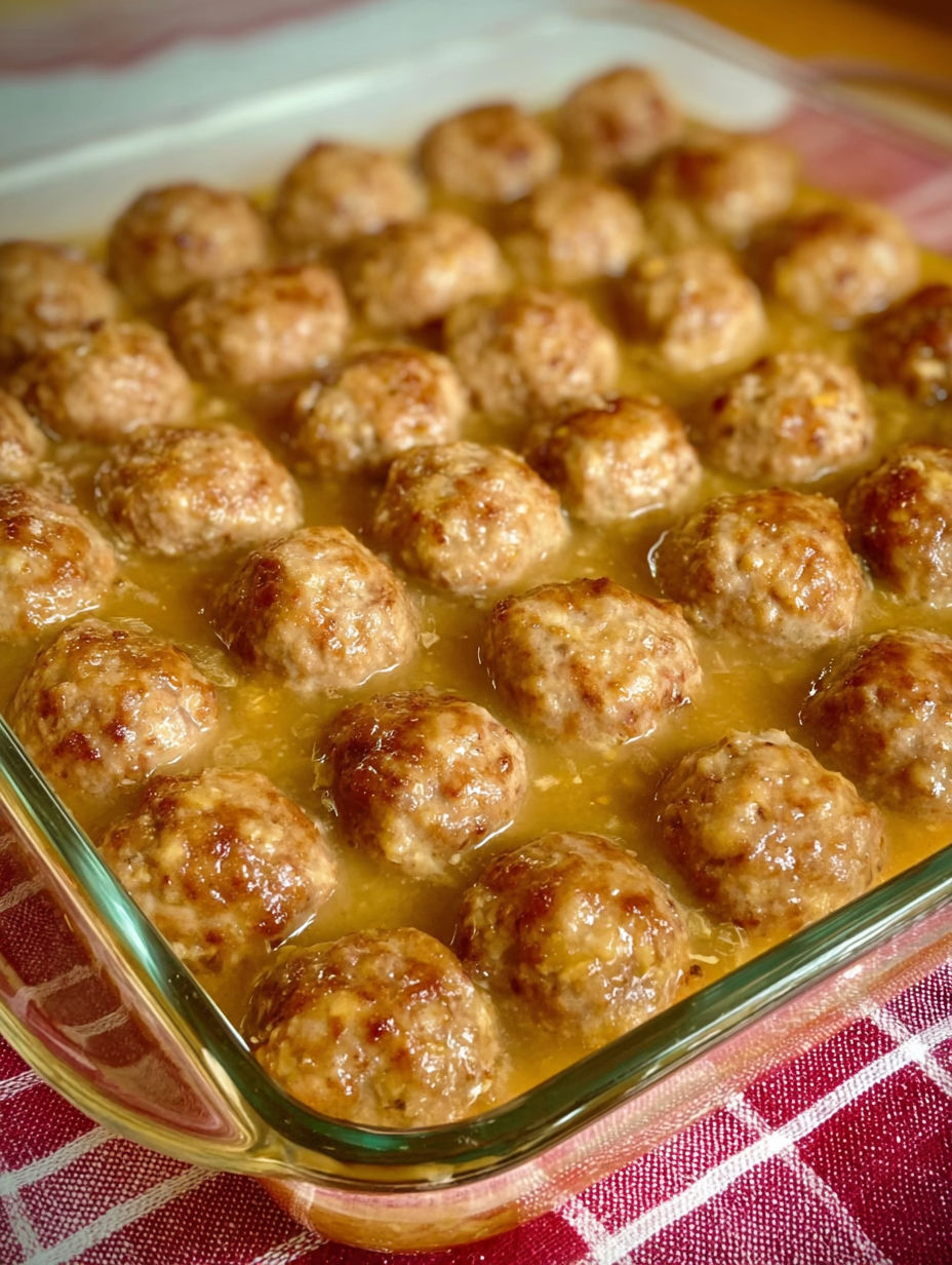 A dish of ham balls in a sauce.
