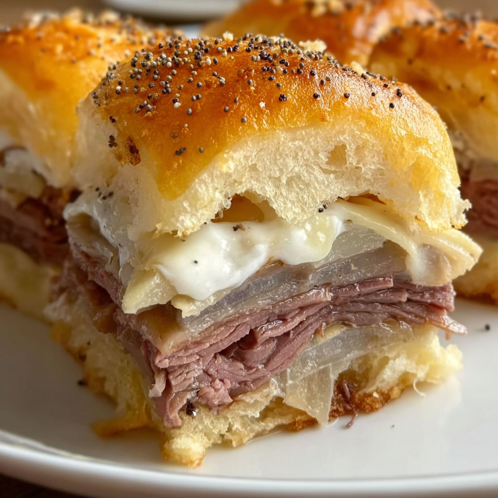 A plate of roast beef sliders on Hawaiian rolls.