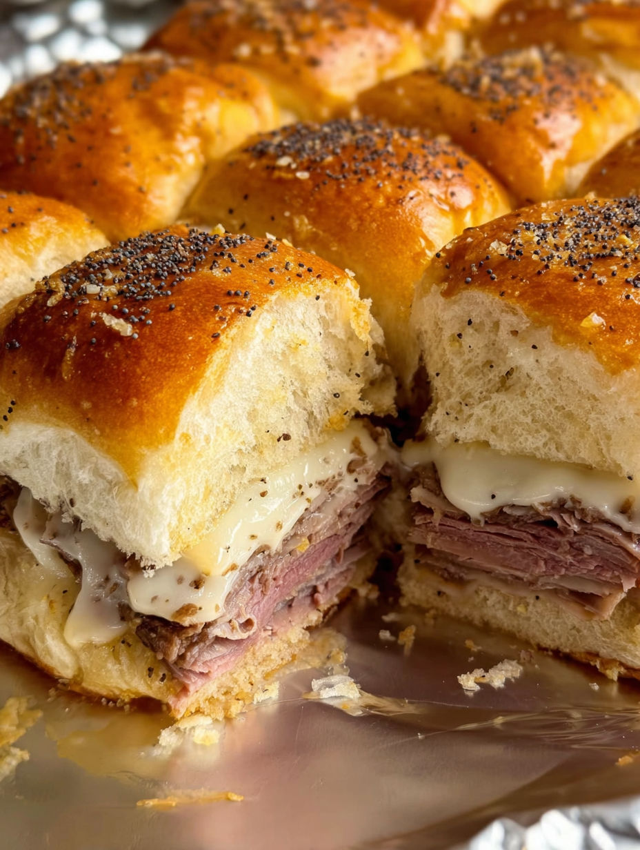 Roast beef sliders on Hawaiian rolls.