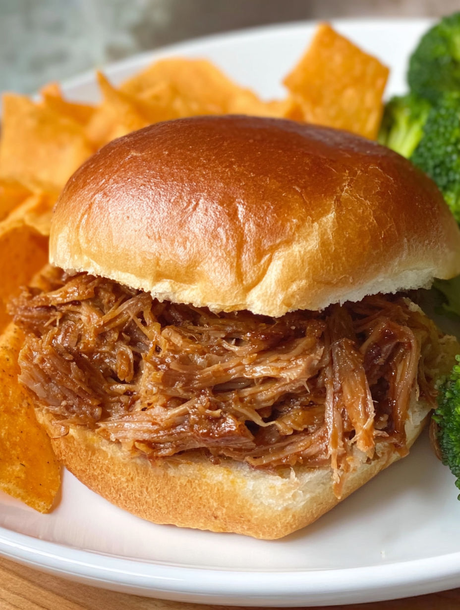 A sandwich with pulled pork and chips.