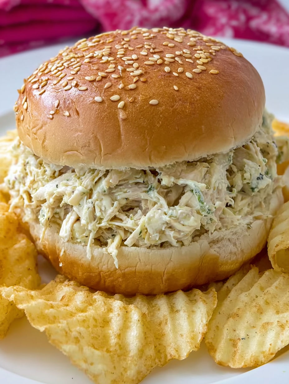 A sandwich with shredded chicken and a bun.