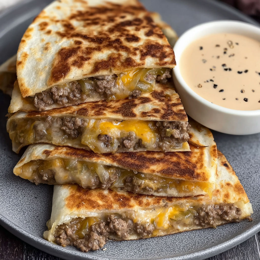 A plate of cheeseburger quesadillas with a dipping sauce.