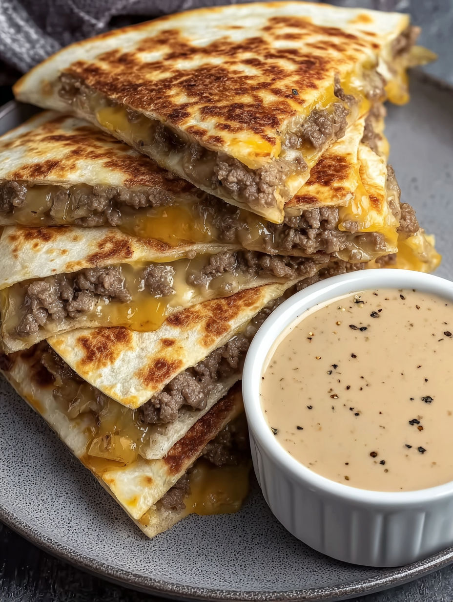 A stack of cheeseburger quesadillas with a dipping sauce.