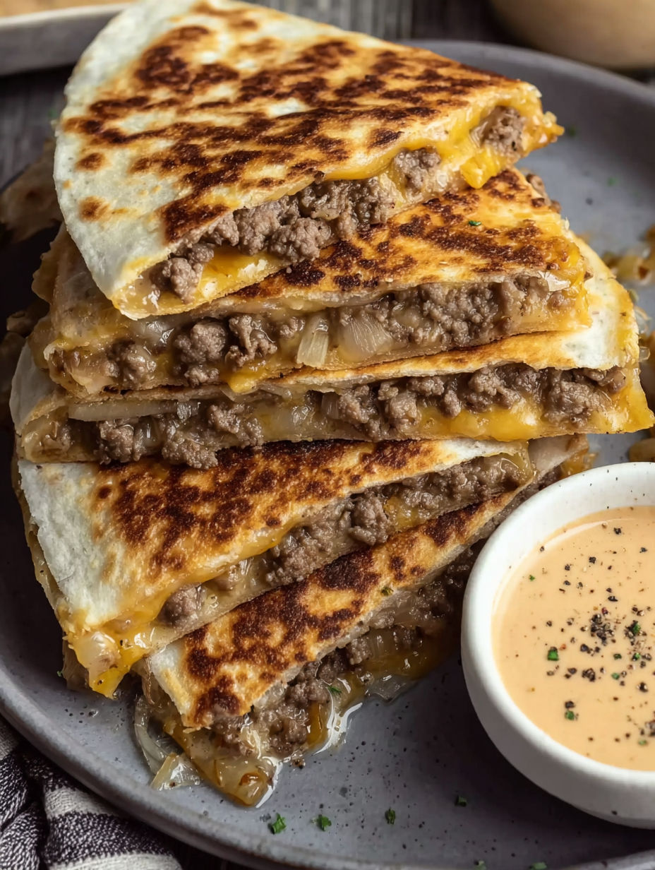 A stack of cheeseburger quesadillas with a dipping sauce.