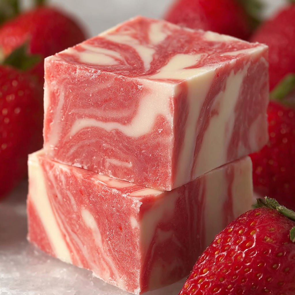 A block of red and white fudge sits on top of a pile of strawberries.
