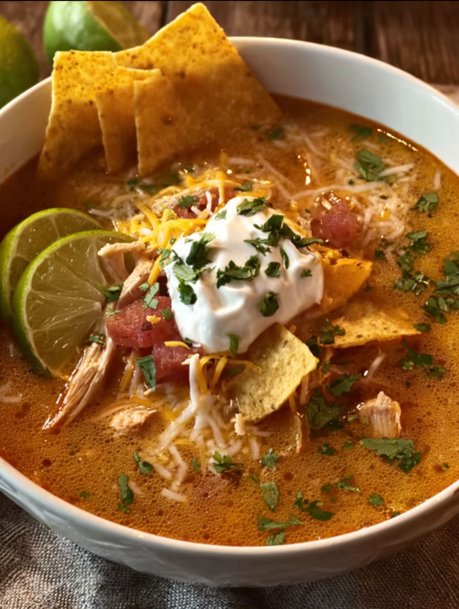 A bowl of chicken tortilla soup with a side of chips.