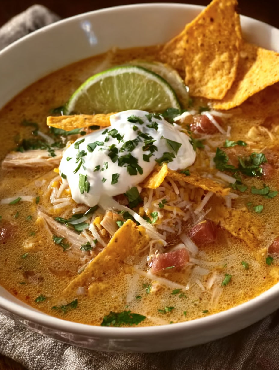 A bowl of chicken tortilla soup with a side of chips.
