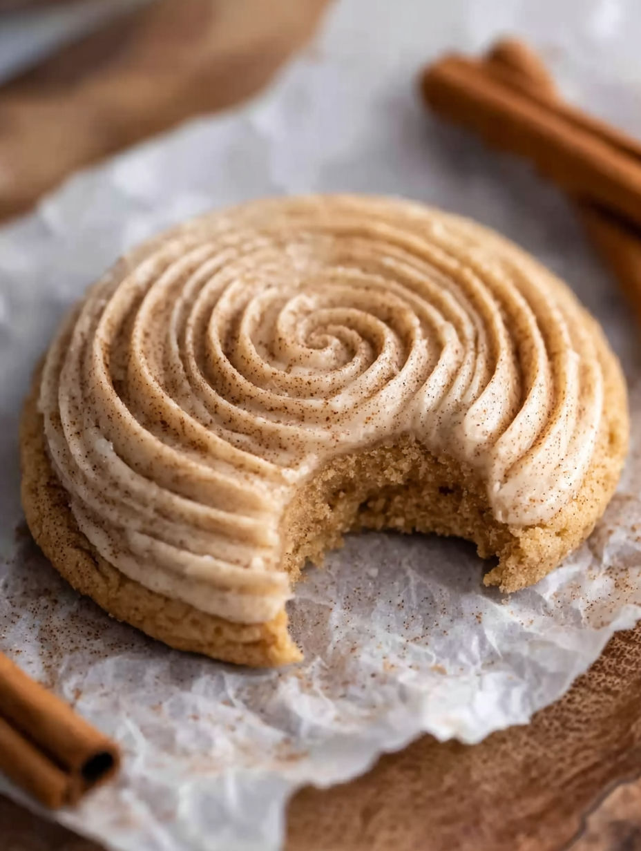 A half eaten cookie with a spiral pattern.