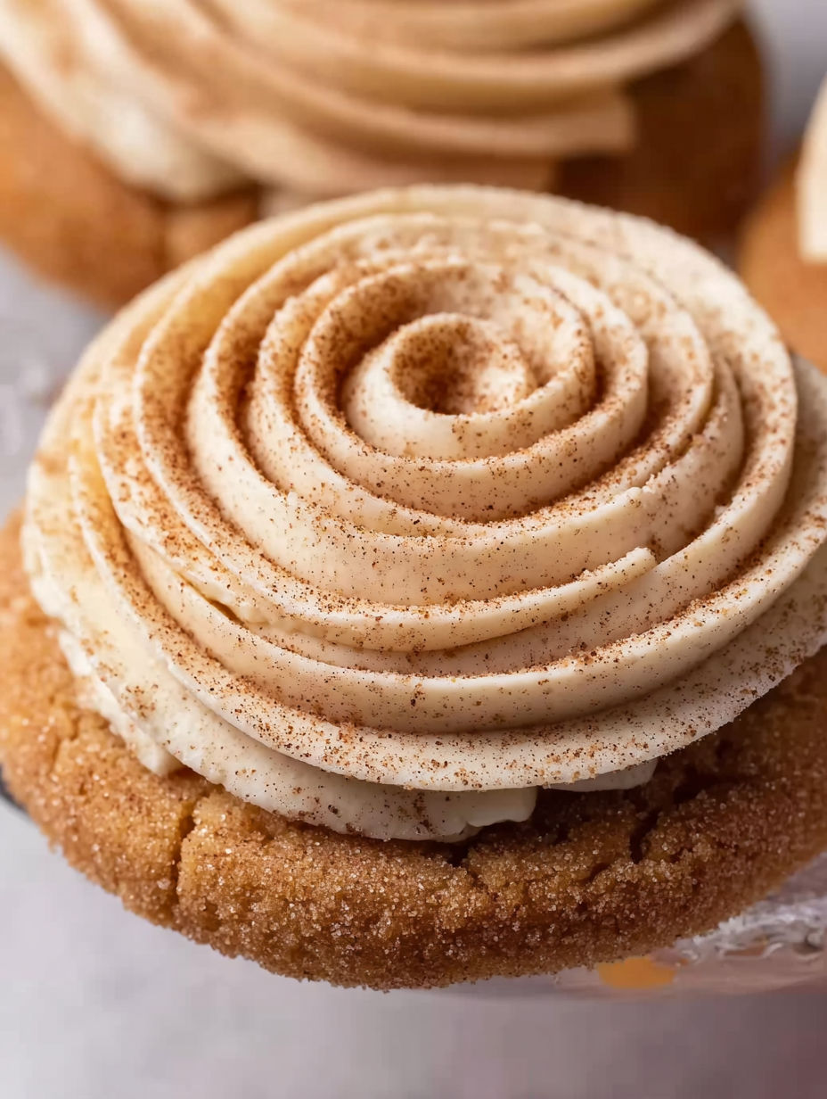 A close up of a cookie with cinnamon buttercream.