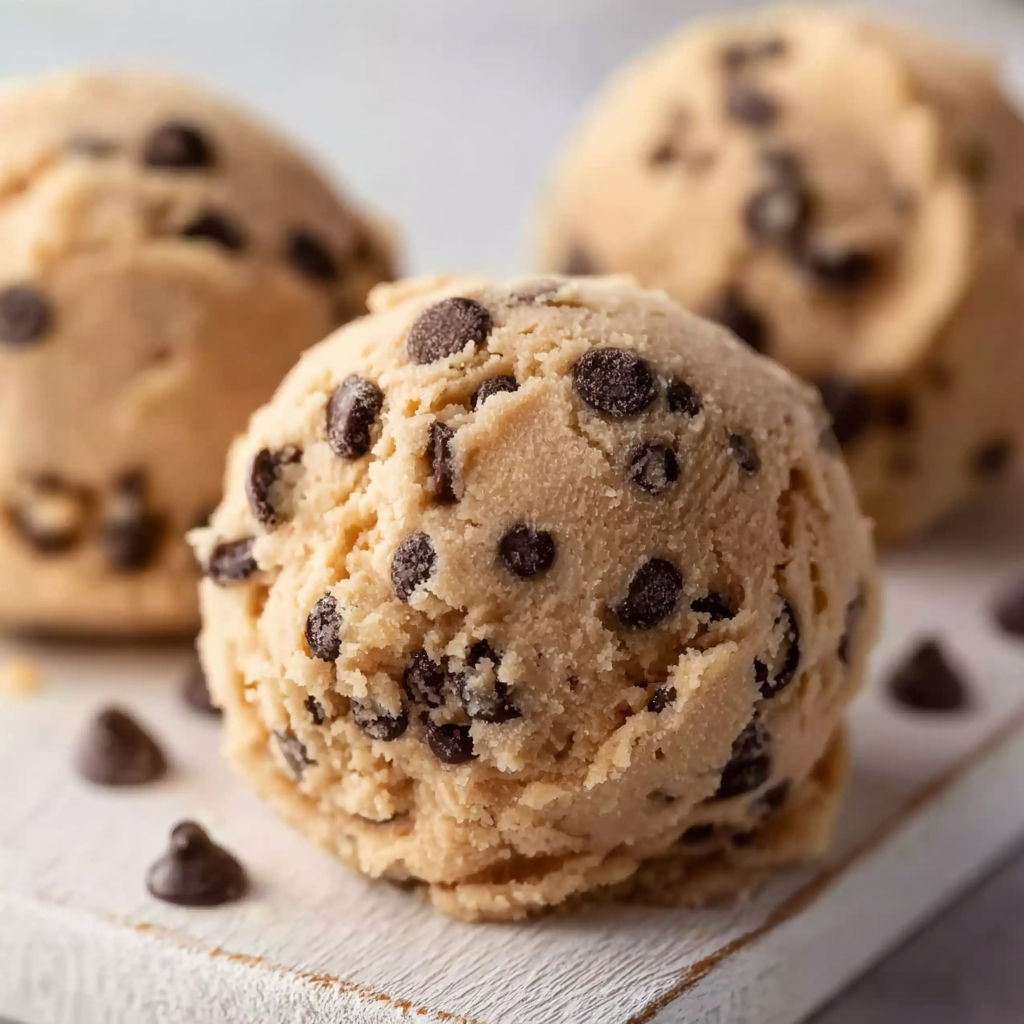 Three balls of chocolate chip cookie dough.