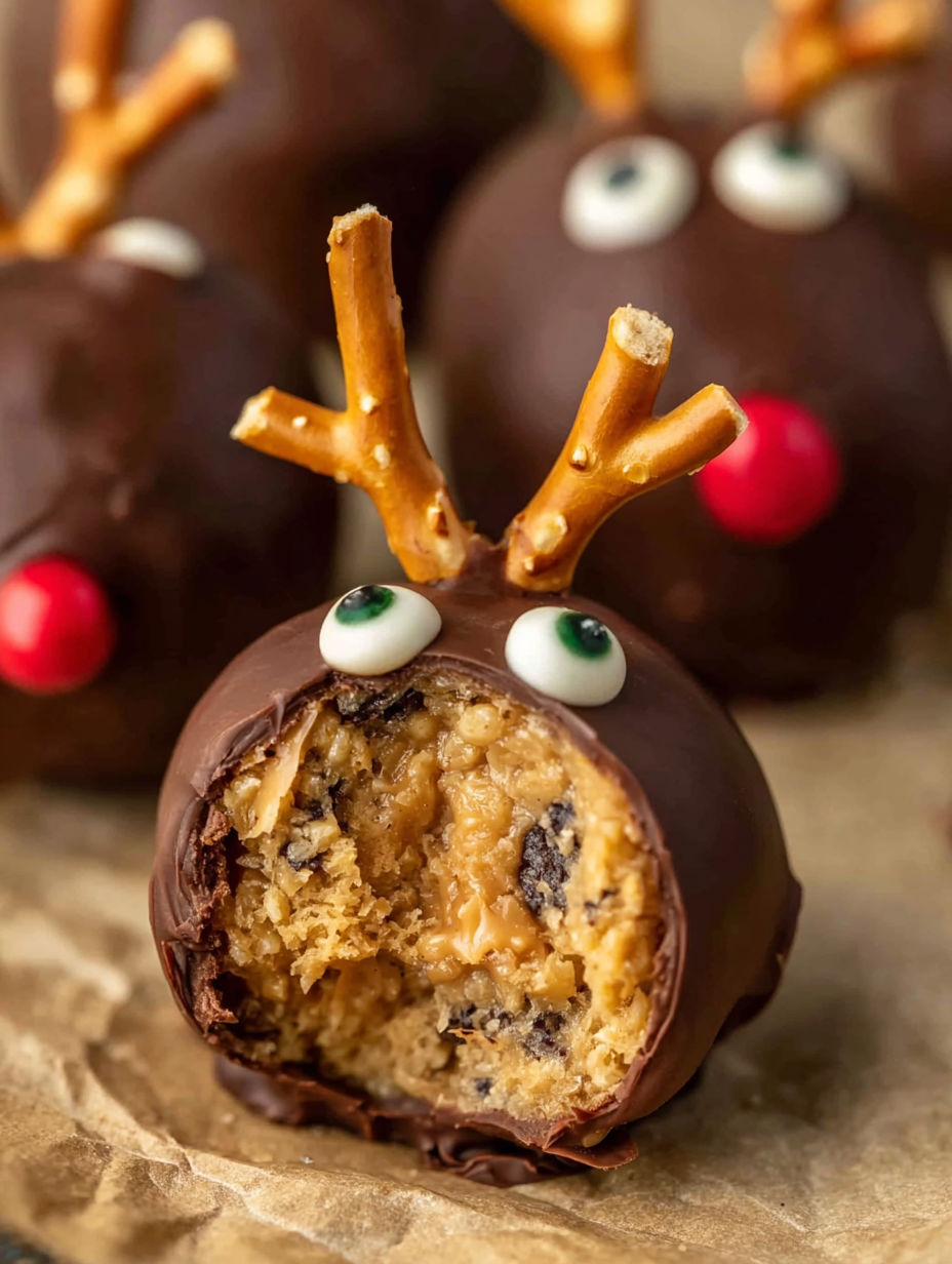 A chocolate covered peanut butter ball with a rice krispy treat on top.