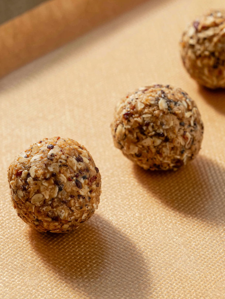 Three balls of peanut butter and rice krispies.