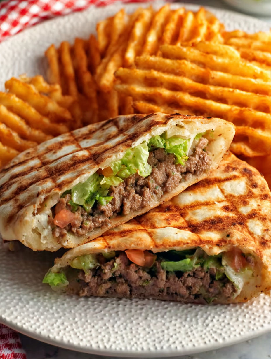 A quesadilla with meat and lettuce.