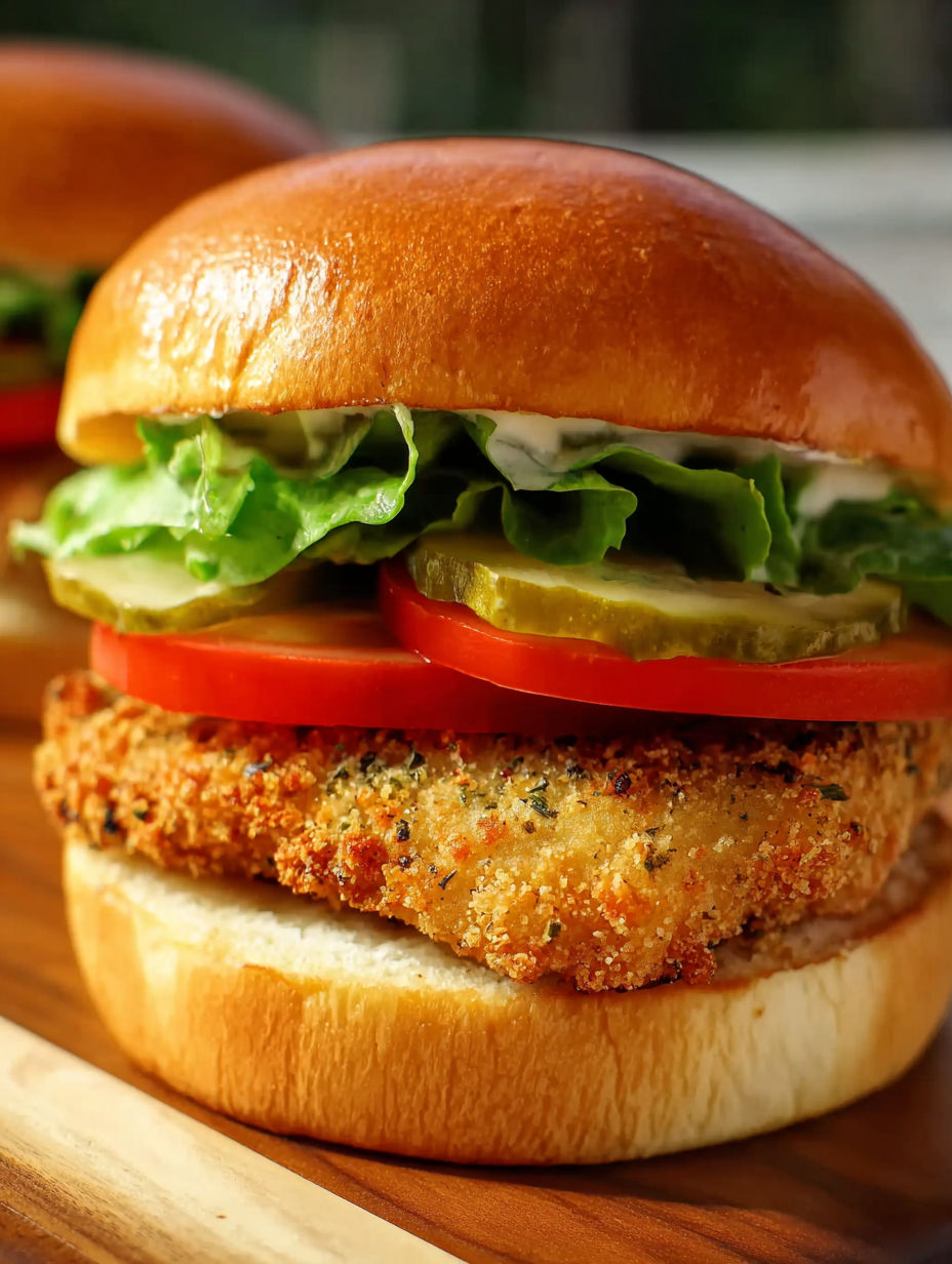 A sandwich with lettuce, tomato, pickles, and chicken.