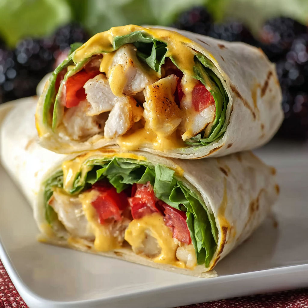 Two wraps filled with chicken and vegetables.