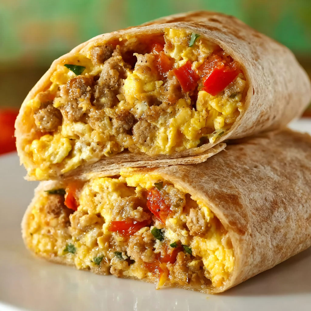 Two breakfast burritos filled with sausage and vegetables.