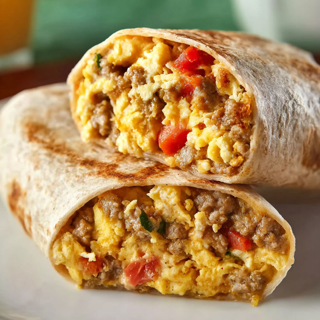 Two breakfast burritos filled with eggs, sausage and tomatoes.