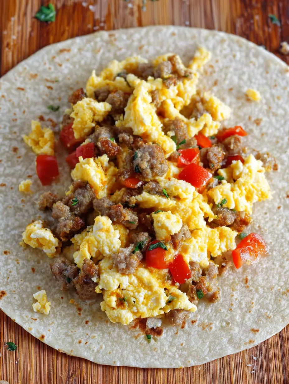 Turkey sausage breakfast burritos with tomatoes and onions.