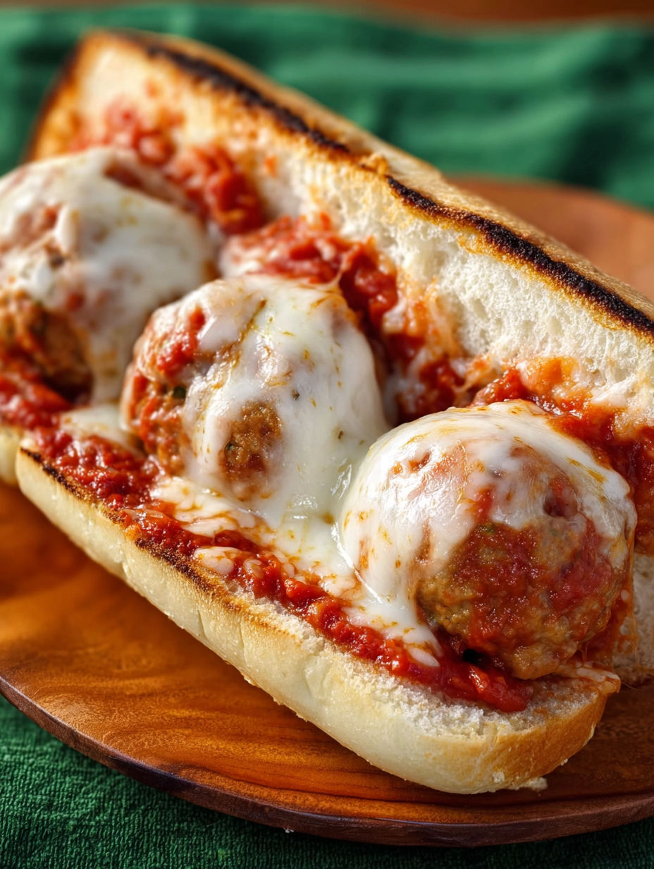 A meatball sub with tomato sauce and cheese.