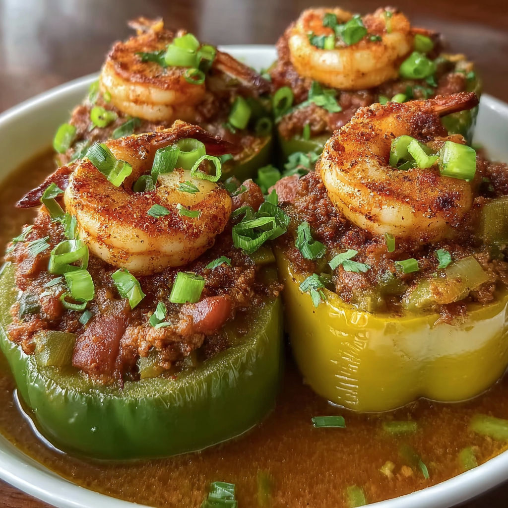 A plate of food with shrimp and peppers.