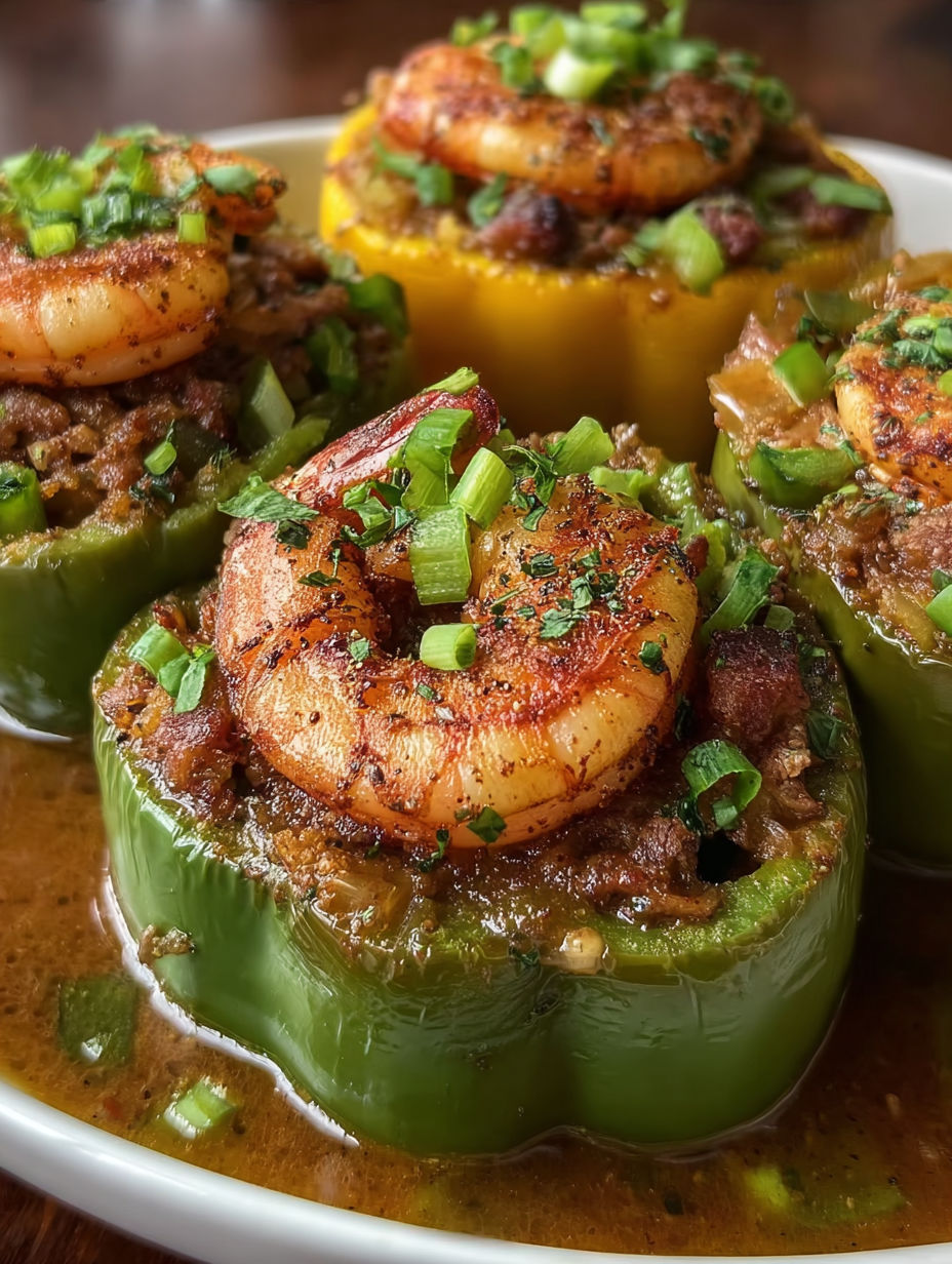 A plate of stuffed peppers with shrimp and sausage.