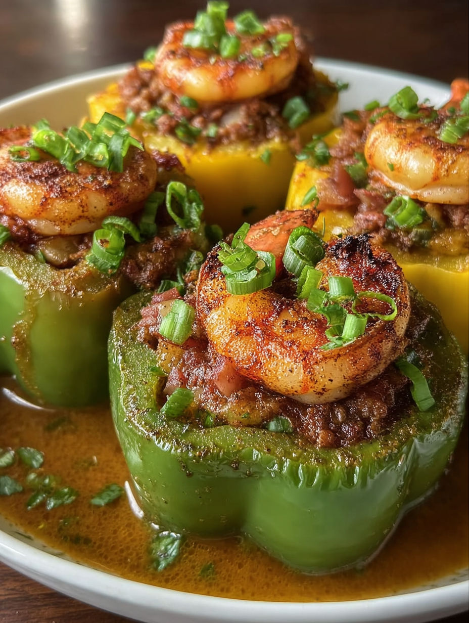 A plate of Cajun Surf & Turf Stuffed Peppers.