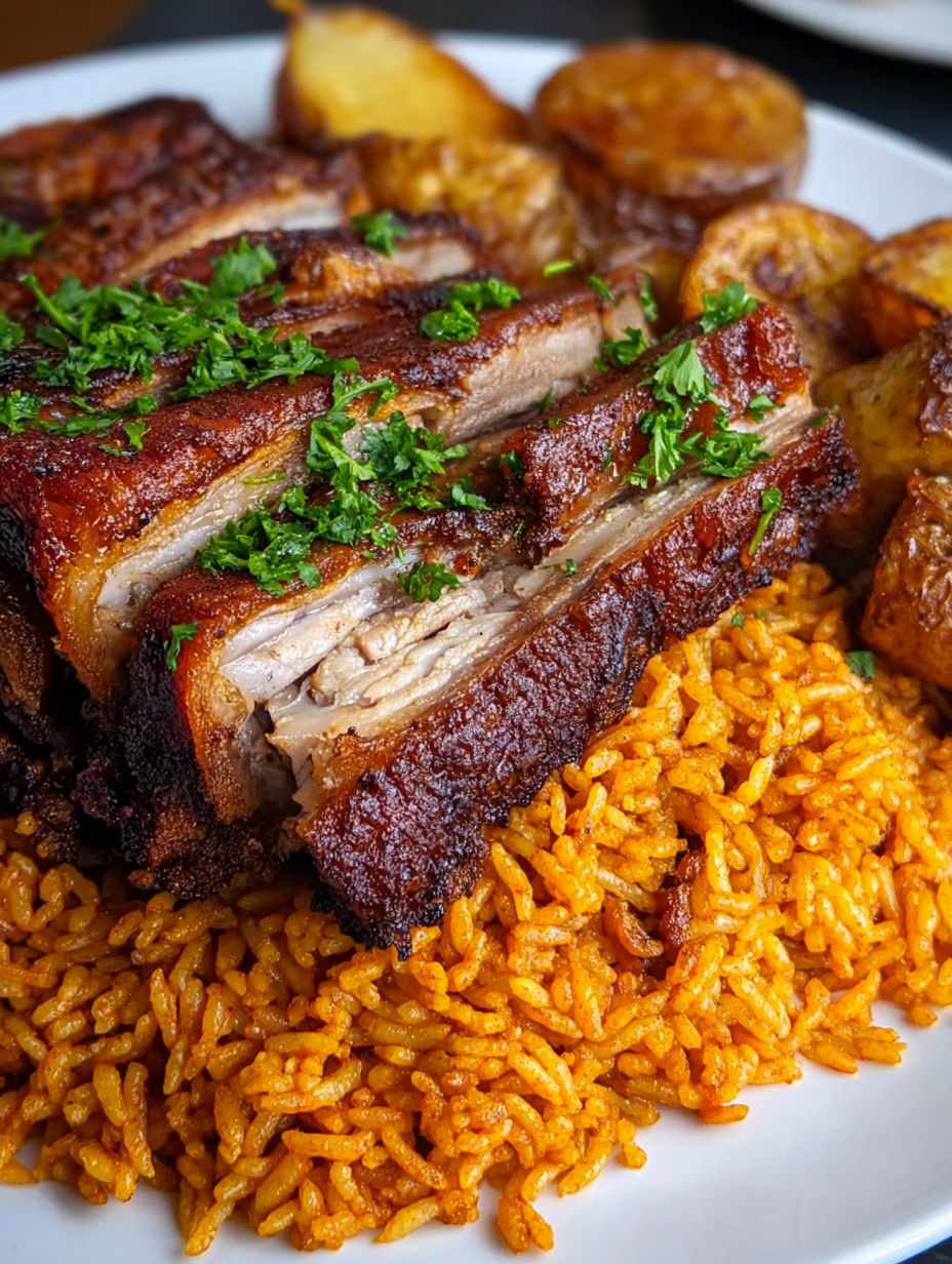 A plate of Puerto Rican roast pork with rice and potatoes.