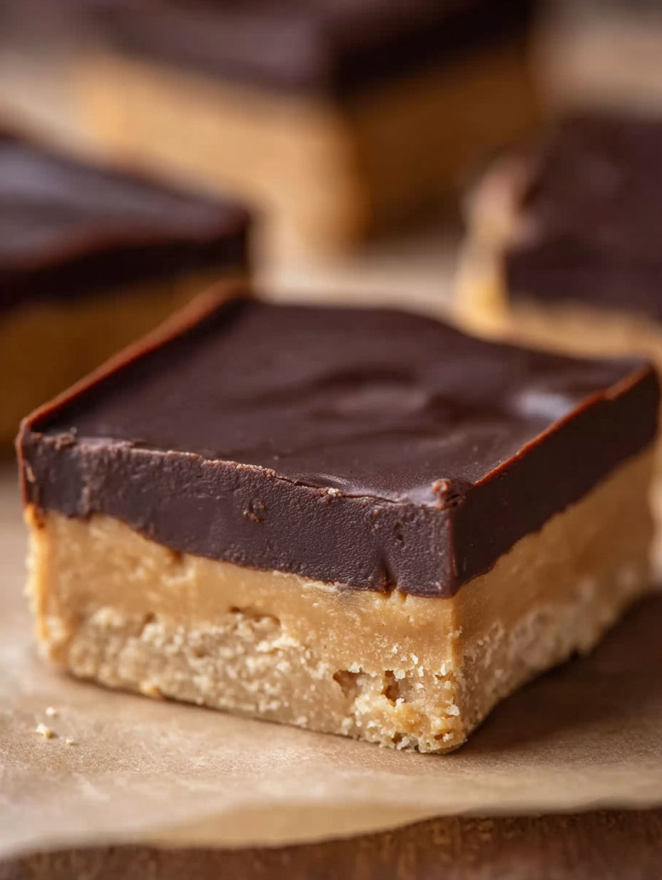 A close up of a piece of chocolate and peanut butter cake.