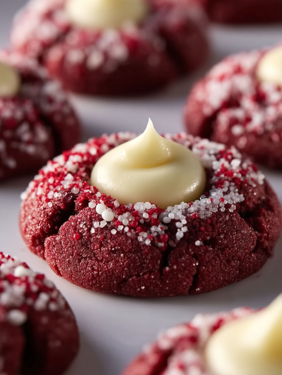 Red velvet thumbprint cookies with white icing.
