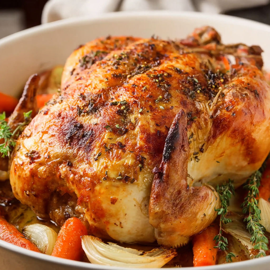 A whole roasted chicken with herbs and spices.