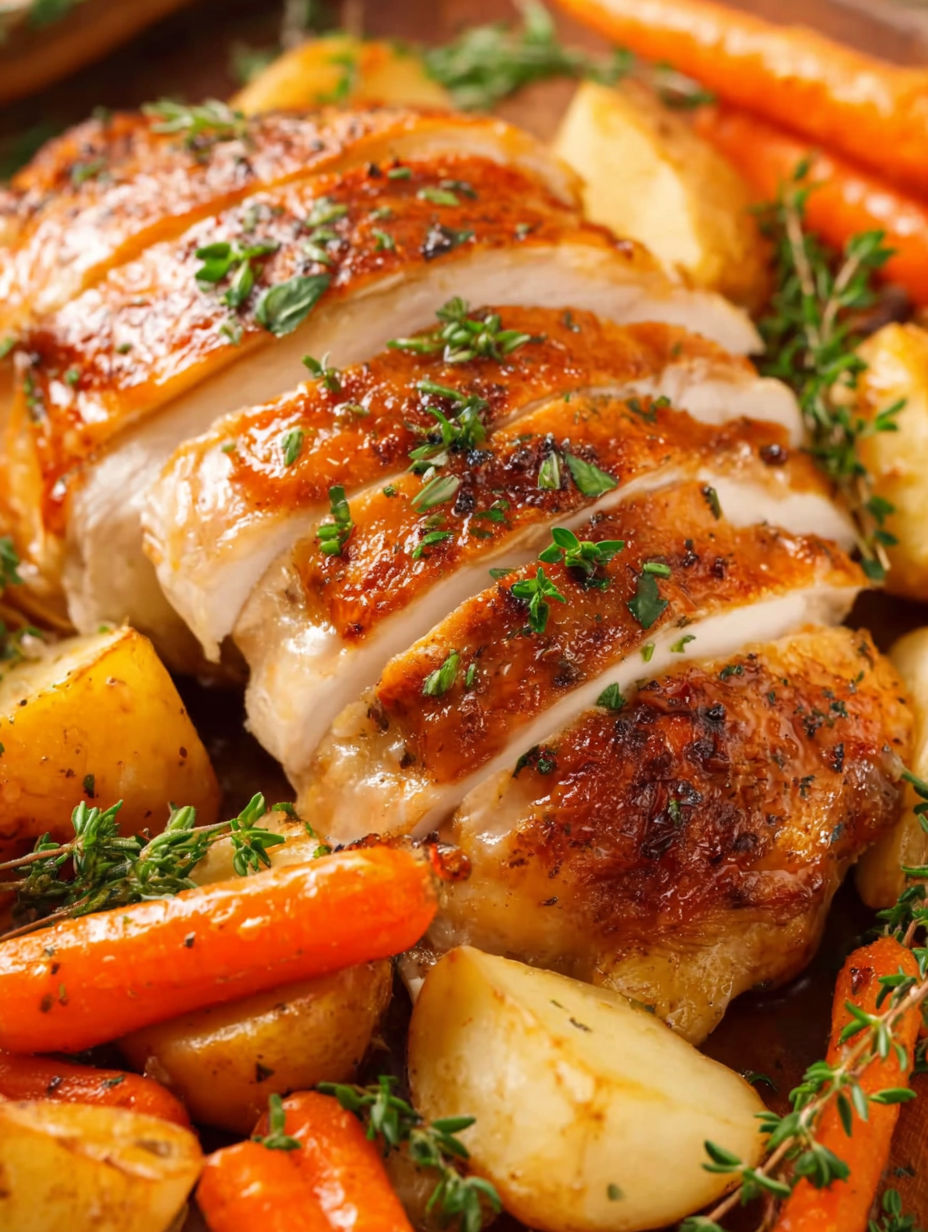 A whole roasted chicken with herbs and vegetables.