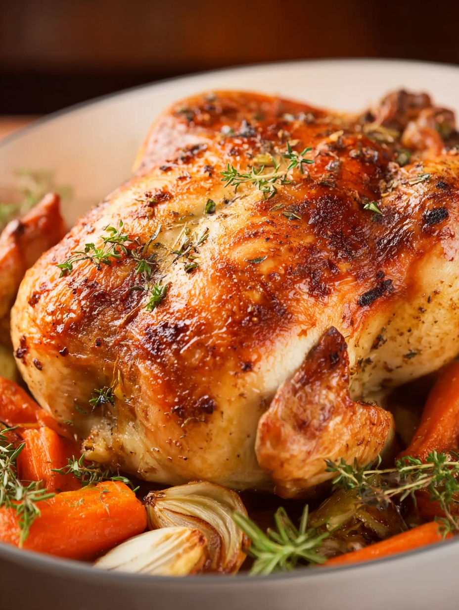 A whole roasted chicken with herbs and spices.