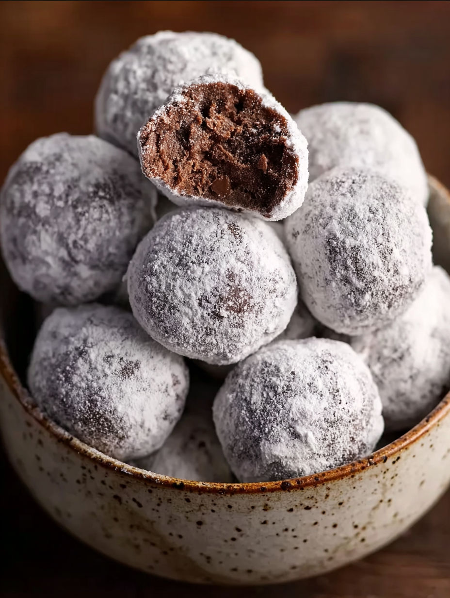 A bowl of chocolate snowball cookies.