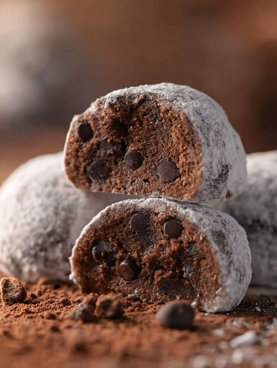 A close up of a chocolate snowball cookie.